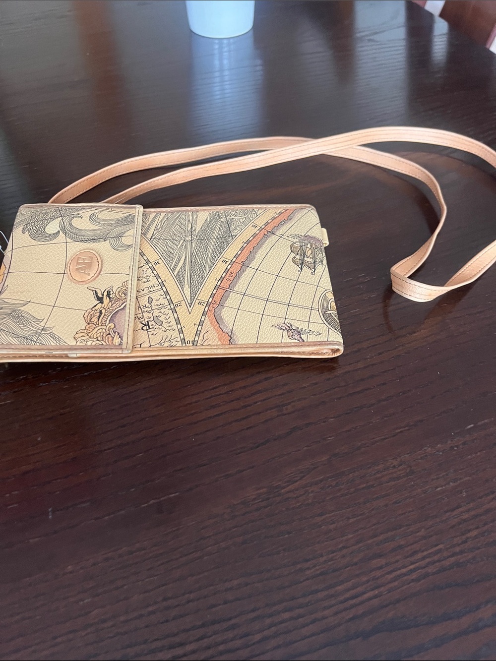 Allan Edward Vintage Map-Print Crossbody Wallet in Light Tan